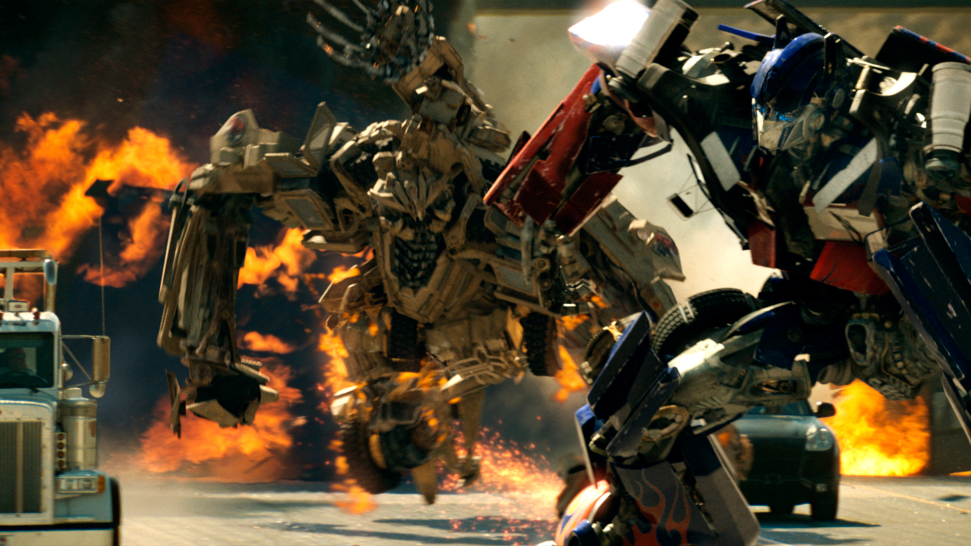 Optimus Prime in an action-packed highway chase sequence from the Oscar-nominated film Transformers (2007). © Paramount Pictures. All Rights Reserved.